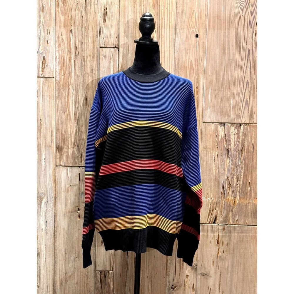 Nagata Organic Cotton Rainbow Stripe Knit Sweater Oversized Fit Crew Neck Black/